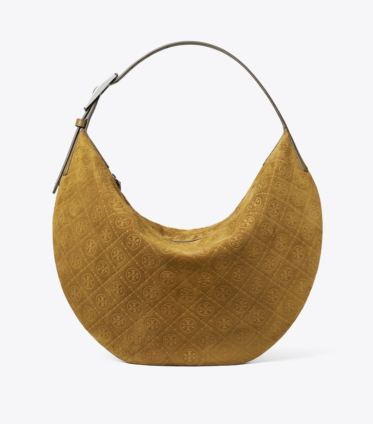 Tory Burch designer sacs hobo Sac Balloon T Monogram en daim in CHICORY BROWN angle