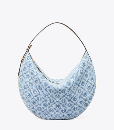 Tory Burch designer sacs hobo Sac Balloon T Monogram en denim in Powder Blue front