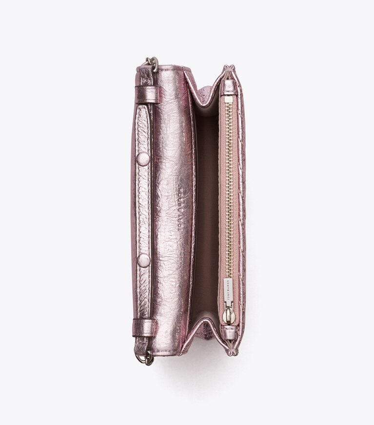 Tory Burch designer sacs à bandoulière Sac bandoulière à poignée supérieure mini Kira matelassé moto métallisé dans Sparkle Pink vue du dessus