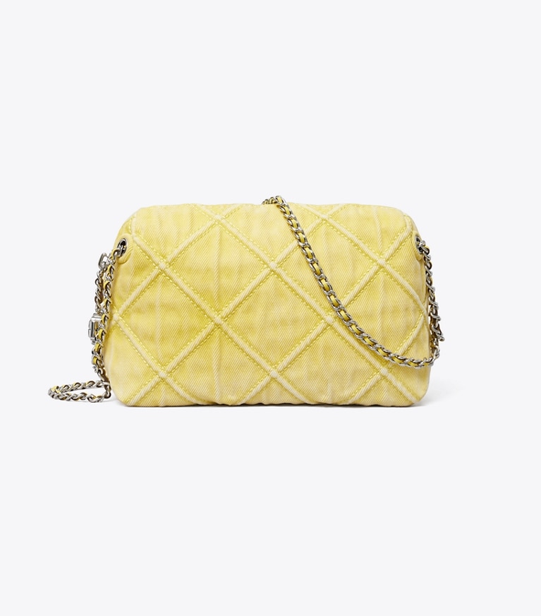 Tory Burch designer sacs à bandoulière Sac bandoulière souple Fleming en denim dans Yellow de face