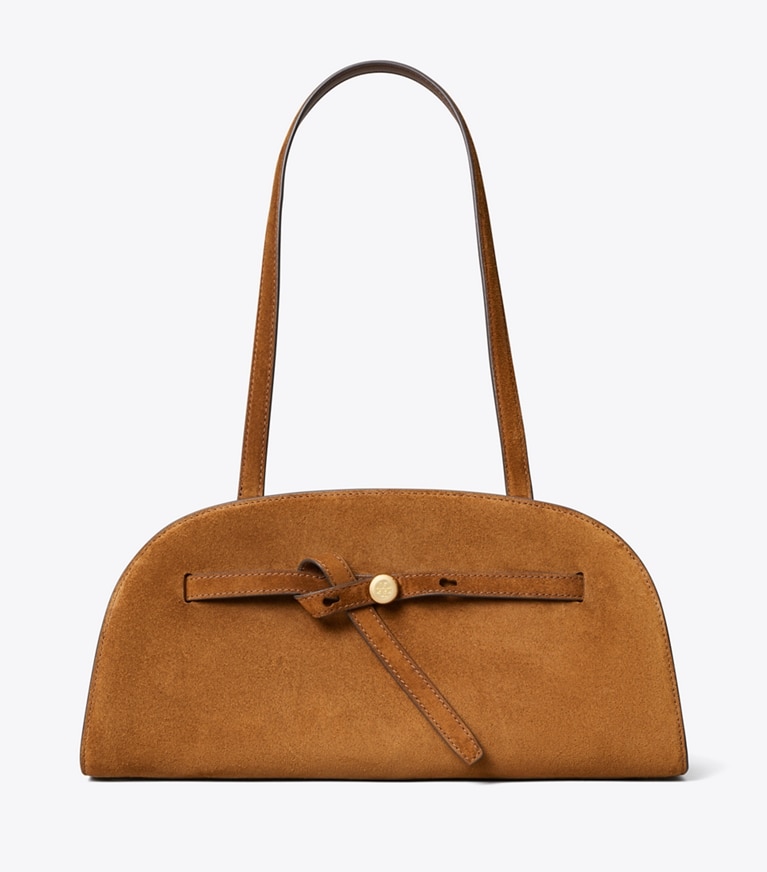 Tory Burch designer sacs porté épaule Sac Bauletto Romy East-West en suède dans Caramel de face