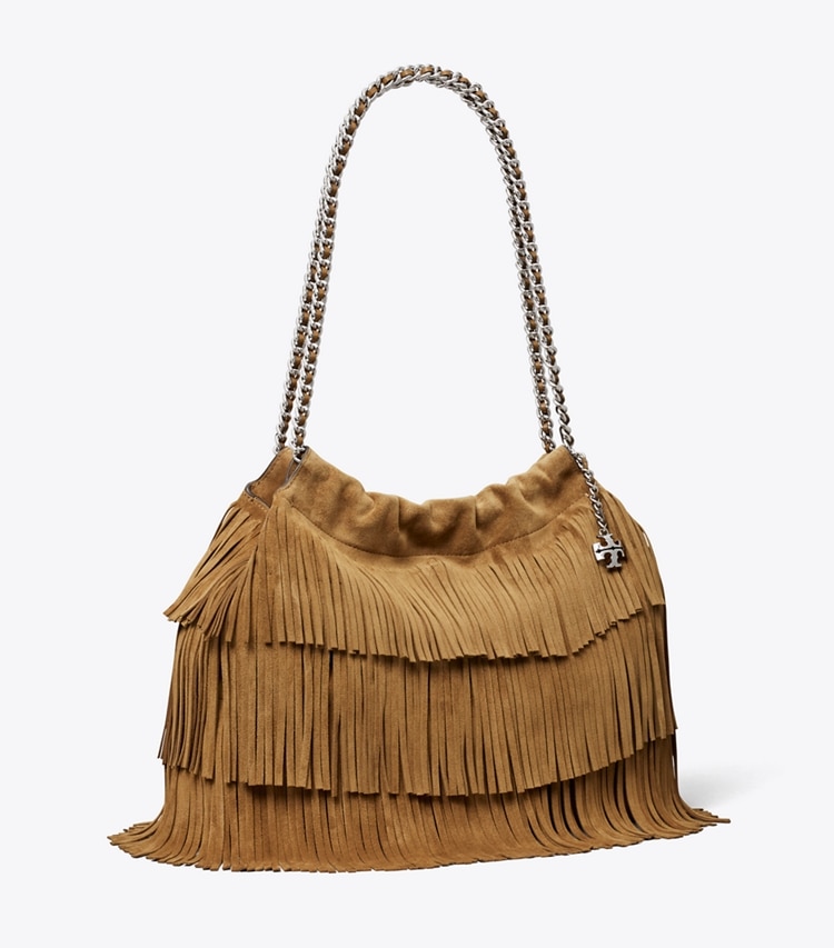 Tory Burch designer sacs hobo Sac besace Fleming en suède à franges dans WILD TABACCO angle