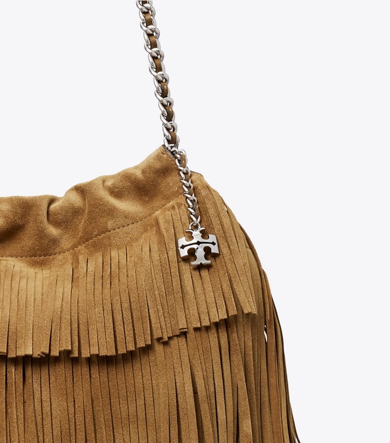 Tory Burch designer sacs hobo Sac besace Fleming en suède à franges dans WILD TABACCO détails