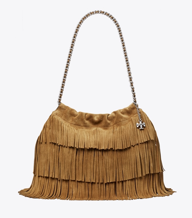 Tory Burch designer sacs hobo Sac besace Fleming en suède à franges dans WILD TABACCO de face