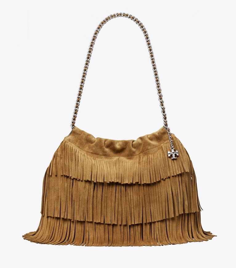 Tory Burch designer sacs hobo Sac besace Fleming en suède à franges dans WILD TABACCO de face