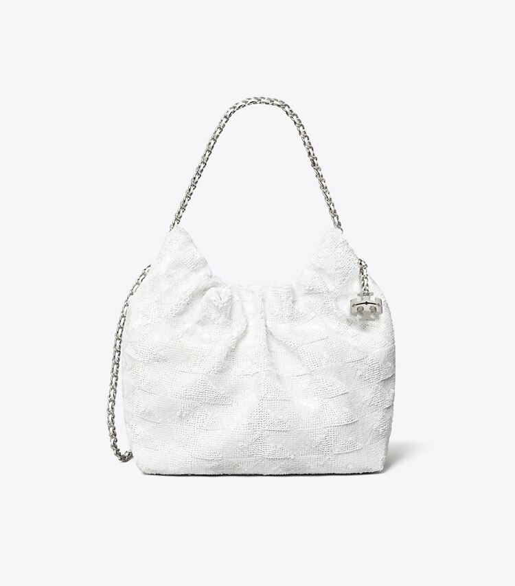 Tory Burch designer sacs à bandoulière Sac besace mini Fleming à paillettes dans White de face