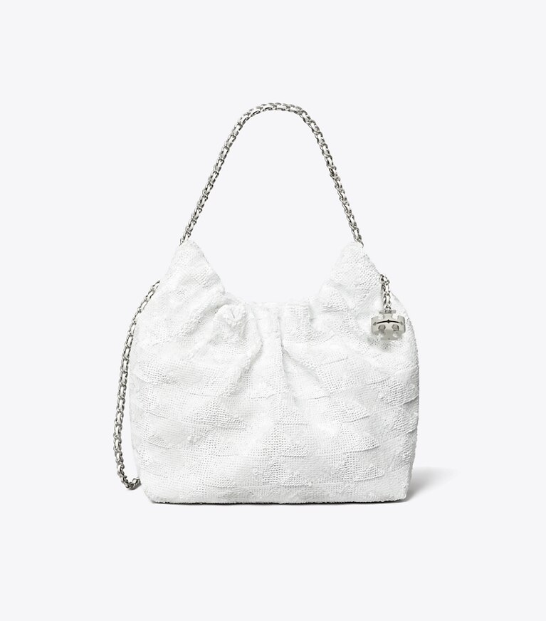 Tory Burch designer sacs à bandoulière Sac besace mini Fleming à paillettes dans White de face