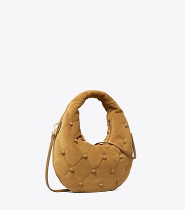Tory Burch designer sacs à bandoulière Sac croissant Bunny Knot en suède dans Toffee angle
