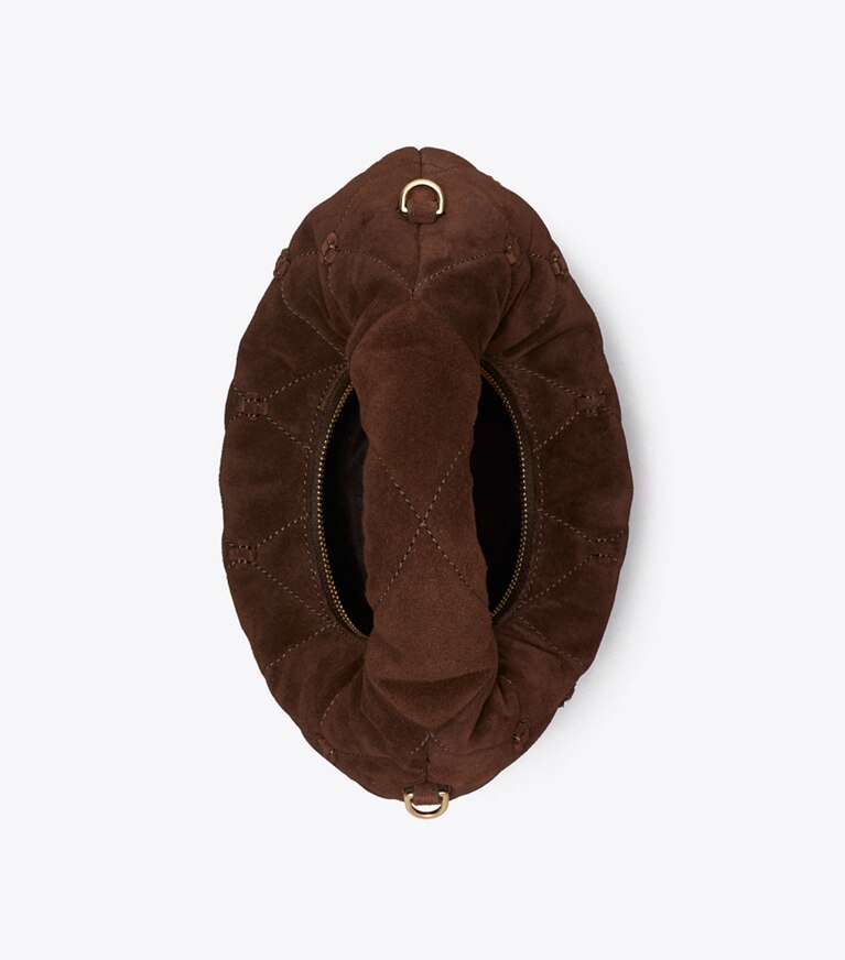 Tory Burch designer sacs à bandoulière Sac croissant Bunny Knot en suède dans Dark Cocoa vue du dessus