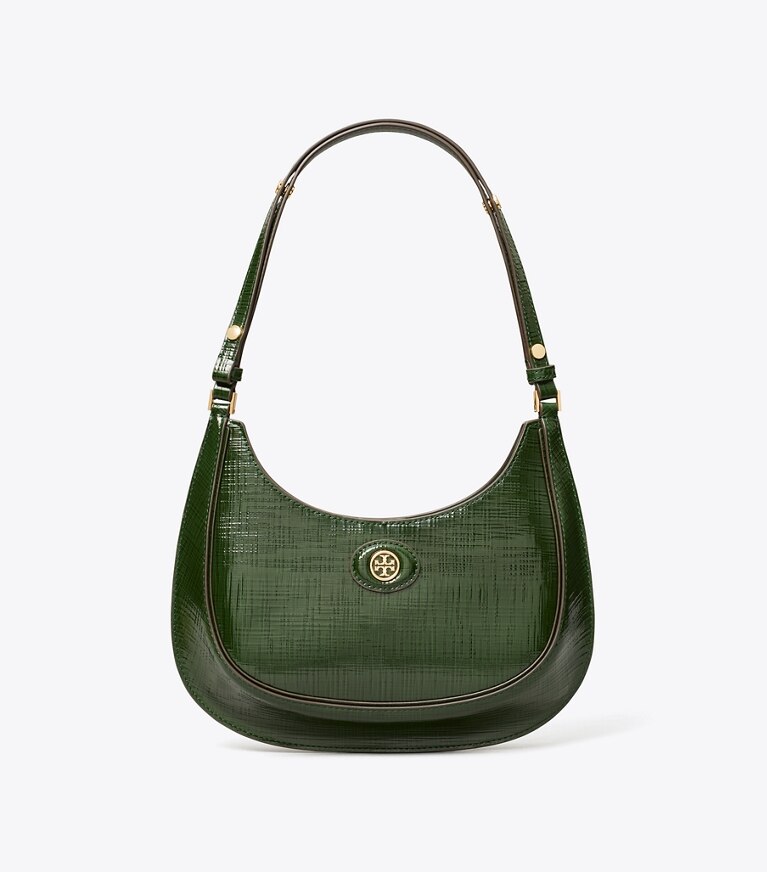 Tory Burch designer sacs porté épaule Sac croissant convertible Robinson hachuré in Dark Everglade angle