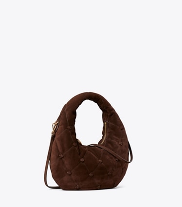 Tory Burch designer sacs à bandoulière Sac croissant en daim Bunny Knot in Dark Cocoa angle