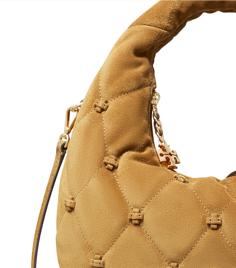 Tory Burch designer sacs à bandoulière Sac croissant en daim Bunny Knot in Toffee informations