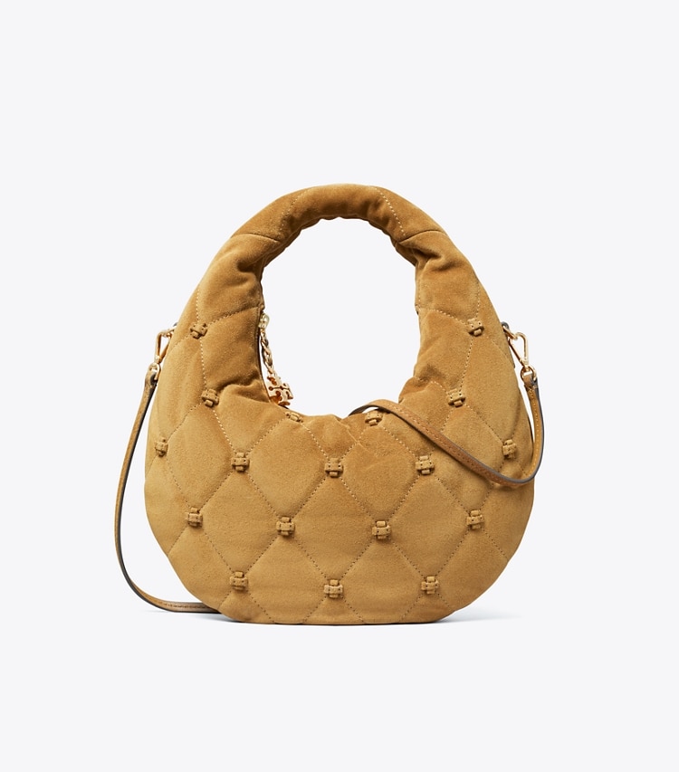 Tory Burch designer sacs à bandoulière Sac croissant en daim Bunny Knot in Toffee front