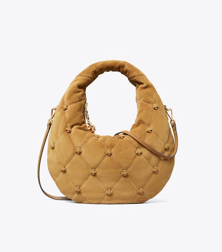 Tory Burch designer sacs à bandoulière Sac croissant en daim Bunny Knot in Toffee front