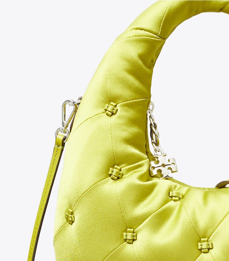 Tory Burch designer sacs à bandoulière Sac croissant en satin Bunny Knot in Vibrant Green informations
