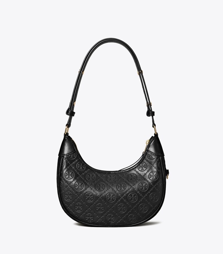 Tory Burch designer sacs porté épaule Sac croissant T Monogram en cuir in Black angle
