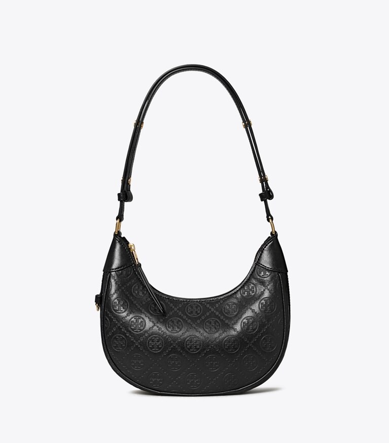 Tory Burch designer sacs porté épaule Sac croissant T Monogram en cuir in Black angle