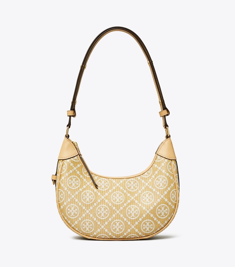Tory Burch designer sacs porté épaule Sac croissant T Monogram en raphia dans Natural de face