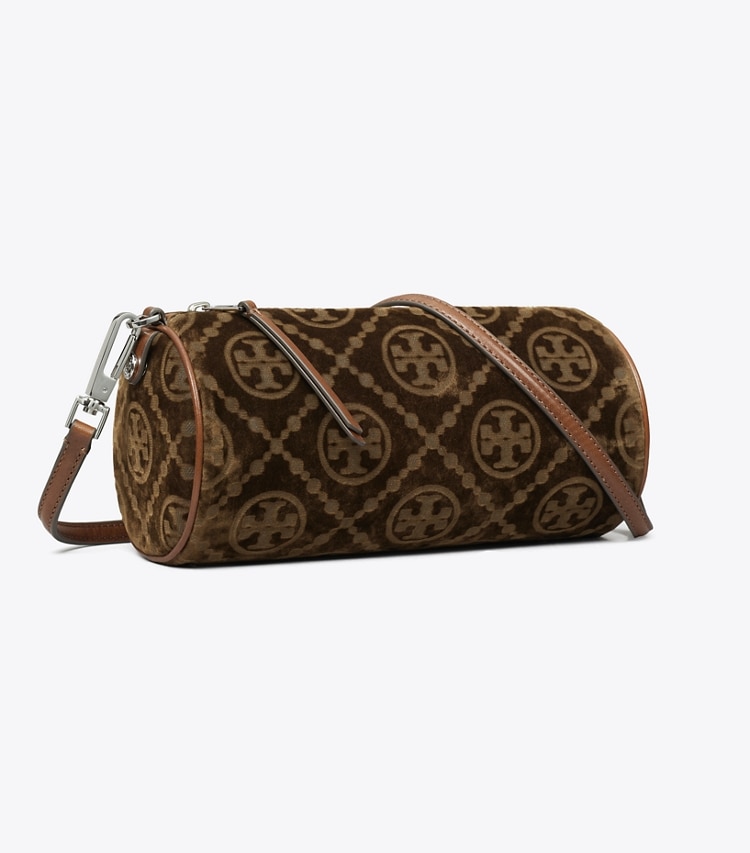 Tory Burch designer sacs porté épaule Sac cylindrique T Monogram en velours de coton floqué in Sun Beige angle