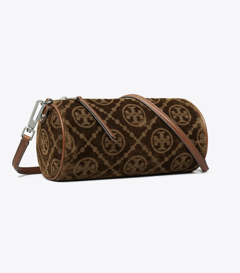 Tory Burch designer sacs porté épaule Sac cylindrique T Monogram en velours de coton floqué in Sun Beige angle