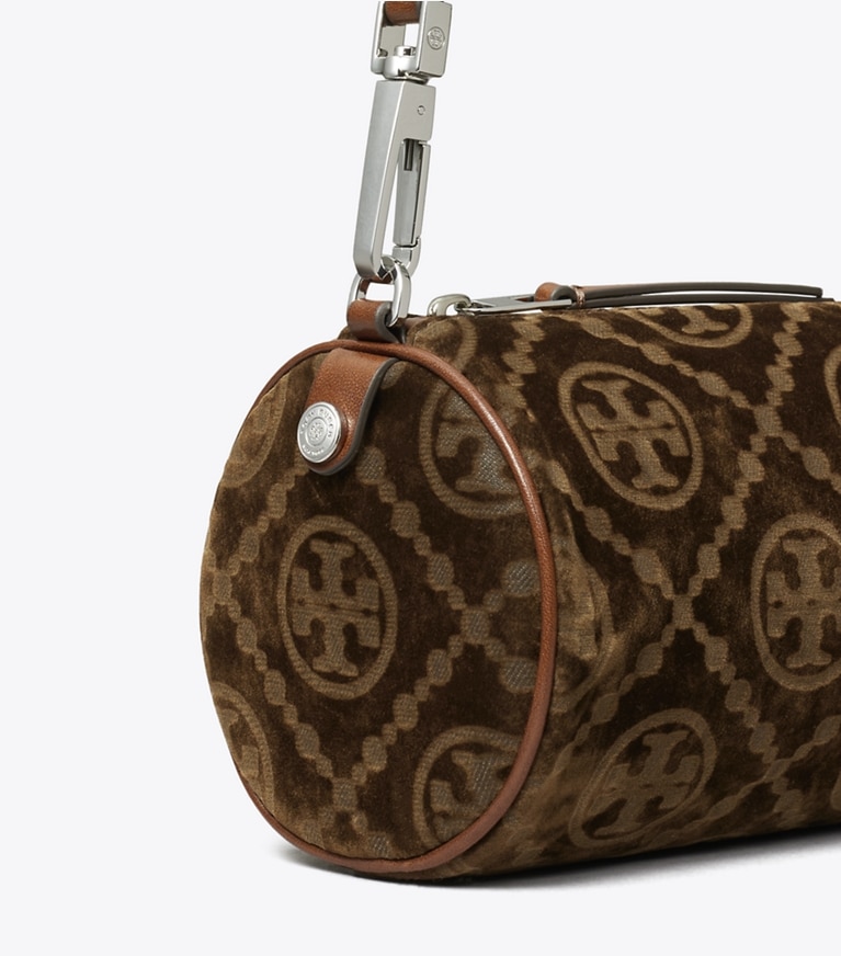 Tory Burch designer sacs porté épaule Sac cylindrique T Monogram en velours de coton floqué in Sun Beige angle