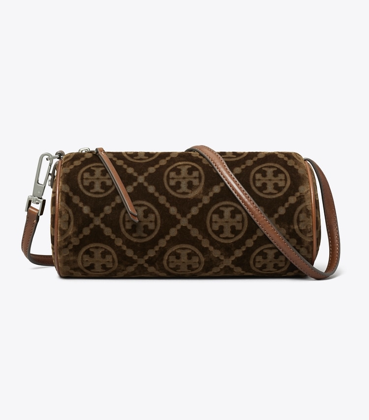 Tory Burch designer sacs porté épaule Sac cylindrique T Monogram en velours de coton floqué in Sun Beige front