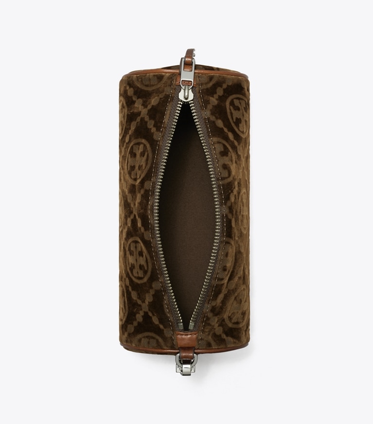 Tory Burch designer sacs porté épaule Sac cylindrique T Monogram en velours de coton floqué in Sun Beige angle
