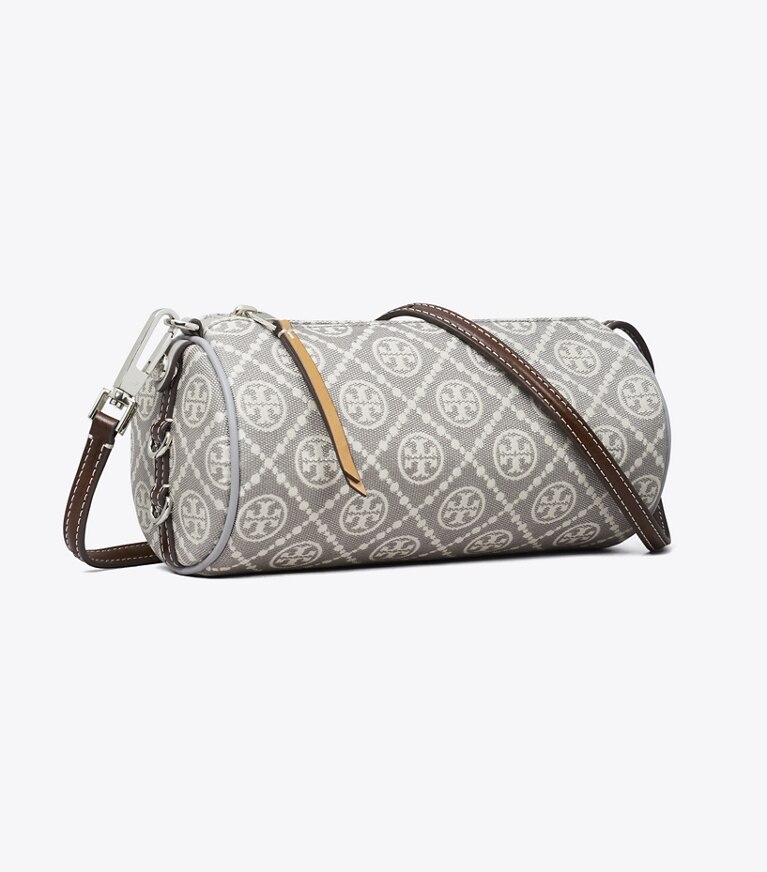 Tory Burch designer sacs à bandoulière Sac cylindrique utilitaire T Monogram in Gray angle