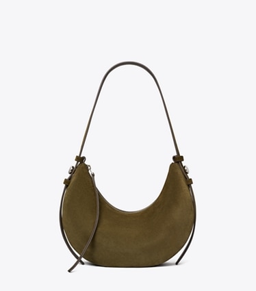 Tory Burch designer sacs porté épaule Sac demi-lune Romy en daim in Dark Olive front