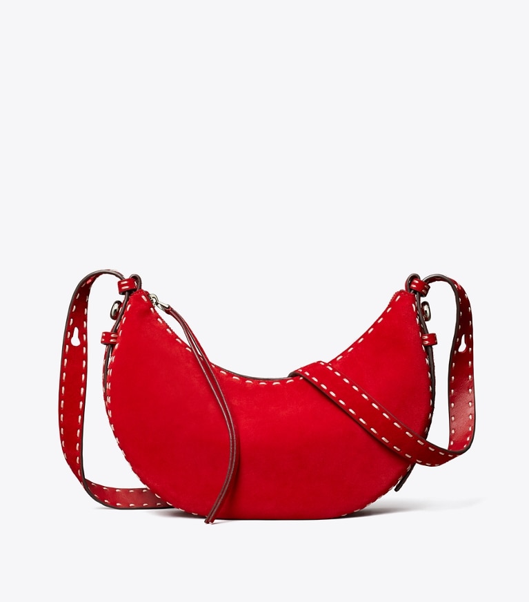 Tory Burch designer sacs porté épaule Sac demi-lune Romy en suède dans Toucan Red supplémentaire
