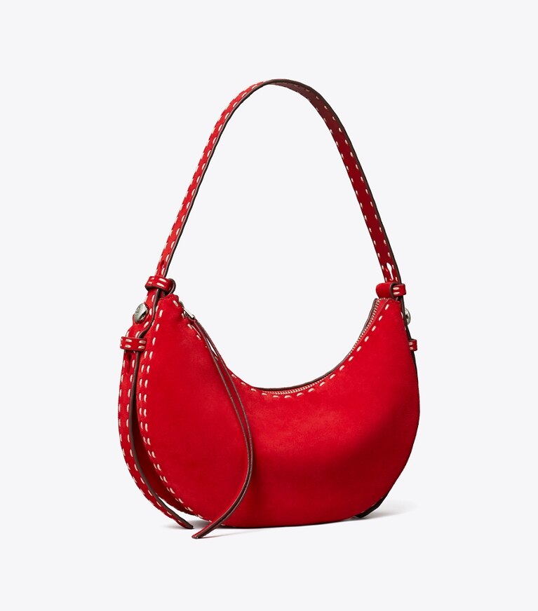 Tory Burch designer sacs porté épaule Sac demi-lune Romy en suède dans Toucan Red angle