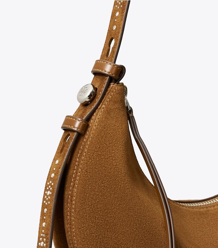 Tory Burch designer sacs porté épaule Sac demi-lune Romy en suède clouté dans Caramel détails