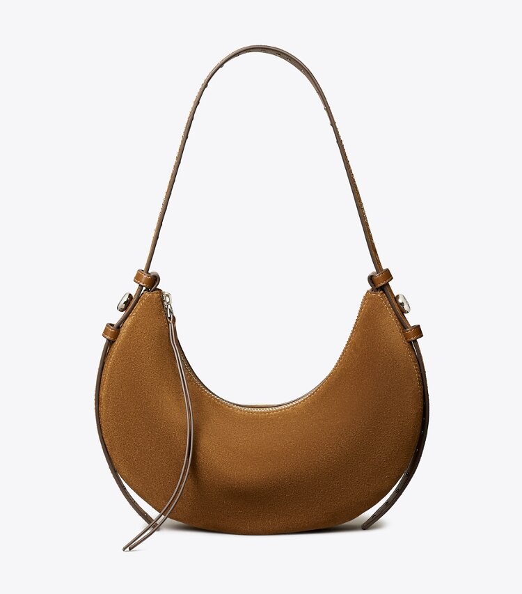 Tory Burch designer sacs porté épaule Sac demi-lune Romy en suède clouté dans Caramel de face
