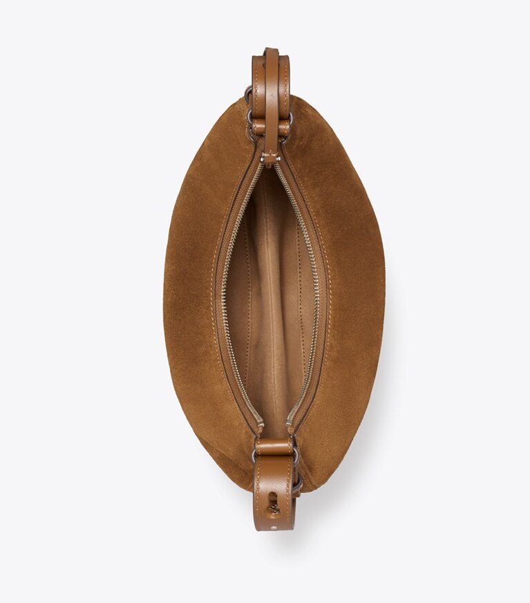 Tory Burch designer sacs porté épaule Sac demi-lune Romy en suède clouté dans Caramel vue du dessus