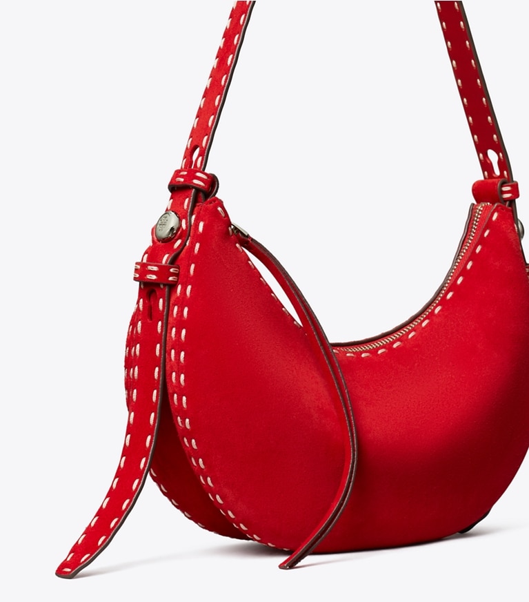 Tory Burch designer sacs porté épaule Sac demi-lune Romy en suède dans Toucan Red détails