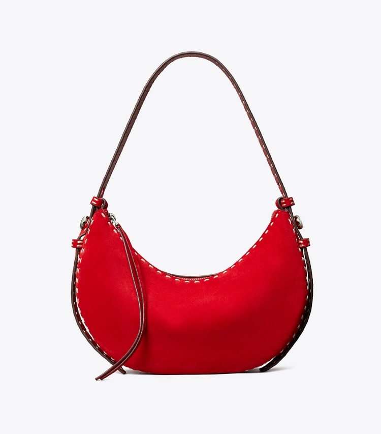 Tory Burch designer sacs porté épaule Sac demi-lune Romy en suède dans Toucan Red de face