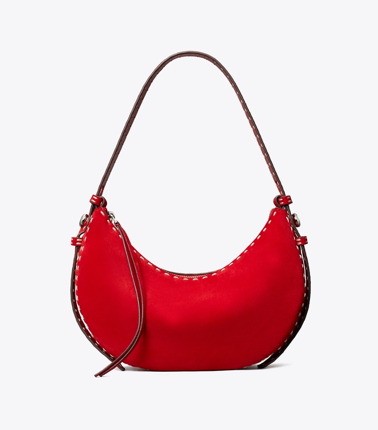 Tory Burch designer sacs porté épaule Sac demi-lune Romy en suède dans Toucan Red de face