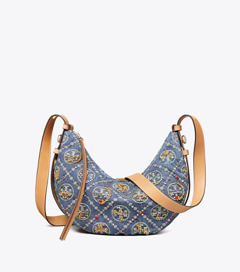 Tory Burch designer sacs porté épaule Sac demi-lune Romy orné en denim T Monogram dans Deep Royal supplémentaire