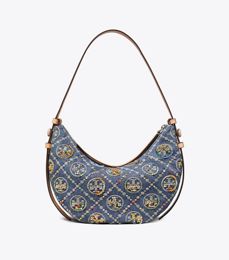 Tory Burch designer sacs porté épaule Sac demi-lune Romy orné en denim T Monogram dans Deep Royal retour