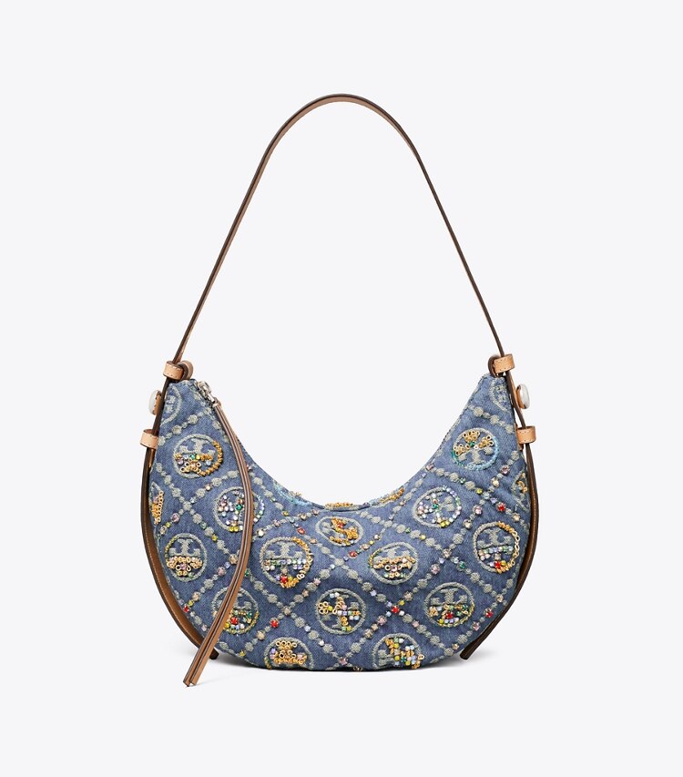 Tory Burch designer sacs porté épaule Sac demi-lune Romy orné en denim T Monogram dans Deep Royal de face
