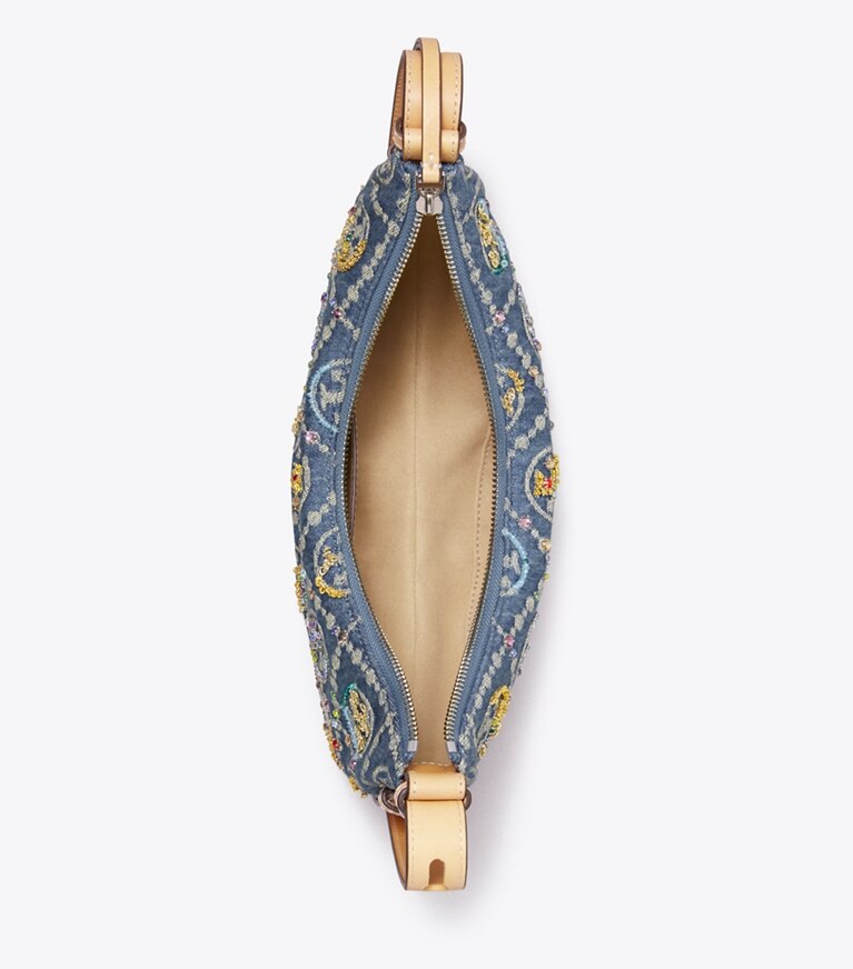 Tory Burch designer sacs porté épaule Sac demi-lune Romy orné en denim T Monogram dans Deep Royal vue du dessus