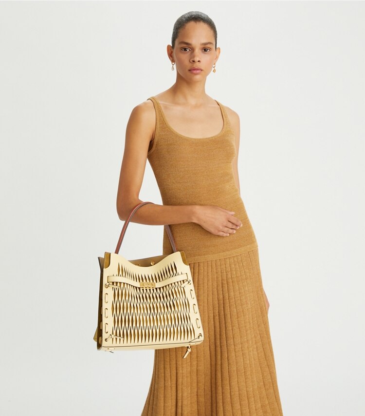 Tory Burch designer sac à main Sac double Lee Radziwill Cutout dans Vanilla Custard accessoire sur le modèle