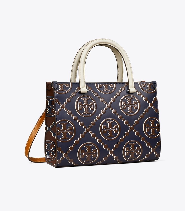 Tory Burch designer cabas Sac fourre-tout à poignée T Monogram à gaufrage contrastant dans Tory Navy / John Coco angle