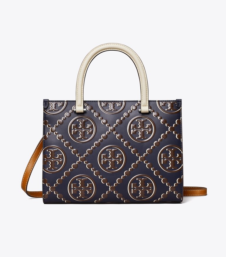 Tory Burch designer cabas Sac fourre-tout à poignée T Monogram à gaufrage contrastant dans Tory Navy / John Coco de face