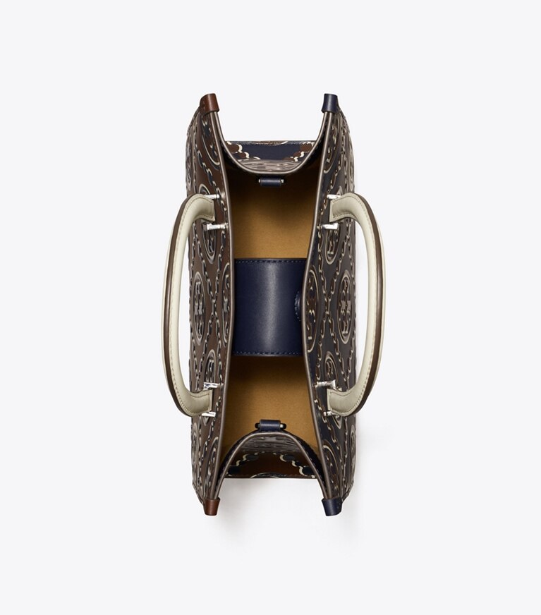 Tory Burch designer cabas Sac fourre-tout à poignée T Monogram à gaufrage contrastant dans Tory Navy / John Coco vue du dessus