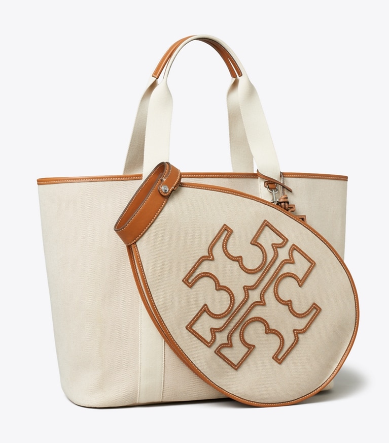 Tory Burch designer cabas Sac fourre-tout de tennis en toile bicolore dans Natural / Brown angle