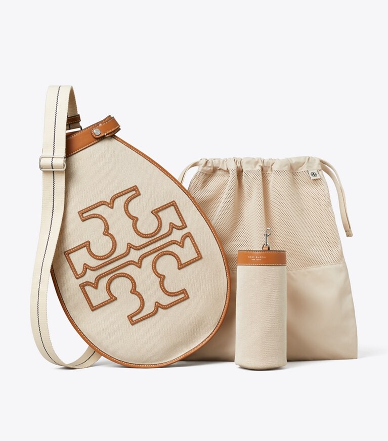 Tory Burch designer cabas Sac fourre-tout de tennis en toile bicolore dans Natural / Brown détails