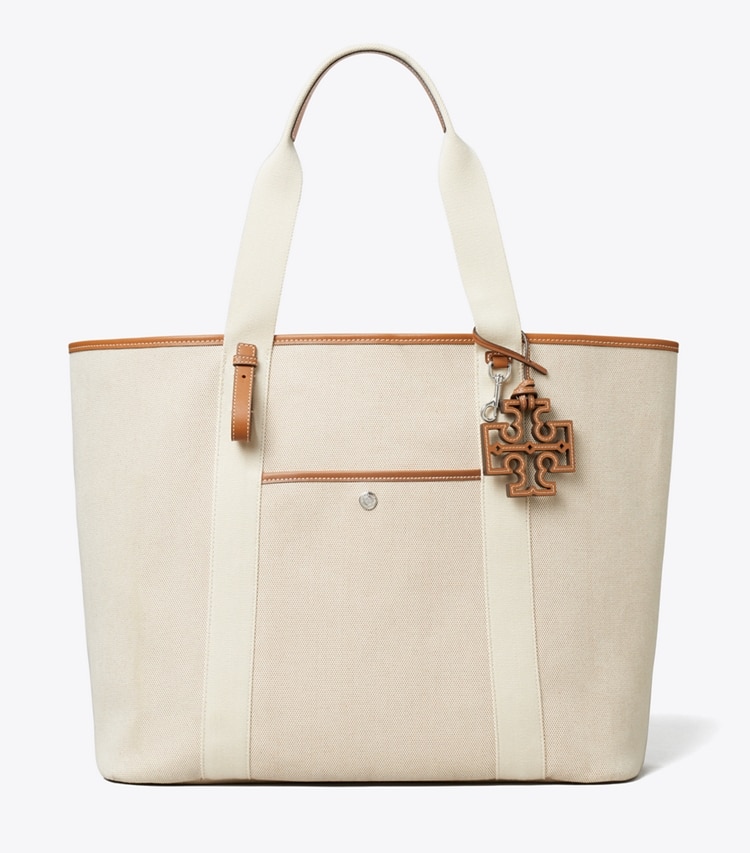 Tory Burch designer cabas Sac fourre-tout de tennis en toile bicolore dans Natural / Brown de face