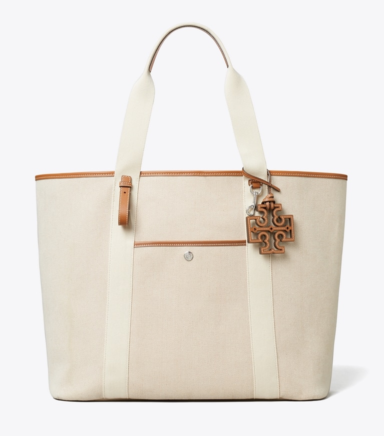 Tory Burch designer cabas Sac fourre-tout de tennis en toile bicolore dans Natural / Brown de face