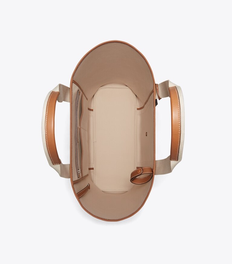 Tory Burch designer cabas Sac fourre-tout de tennis en toile bicolore dans Natural / Brown vue du dessus
